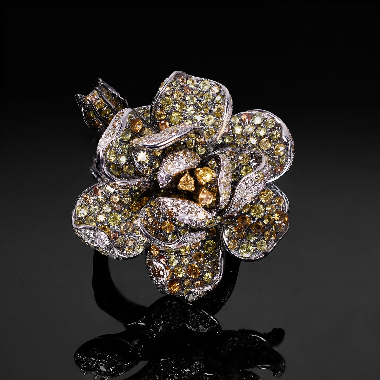 18K Gold Flower Motif Ring with Yellow Sapphires &amp; Color Diamonds - Jewelry And Store