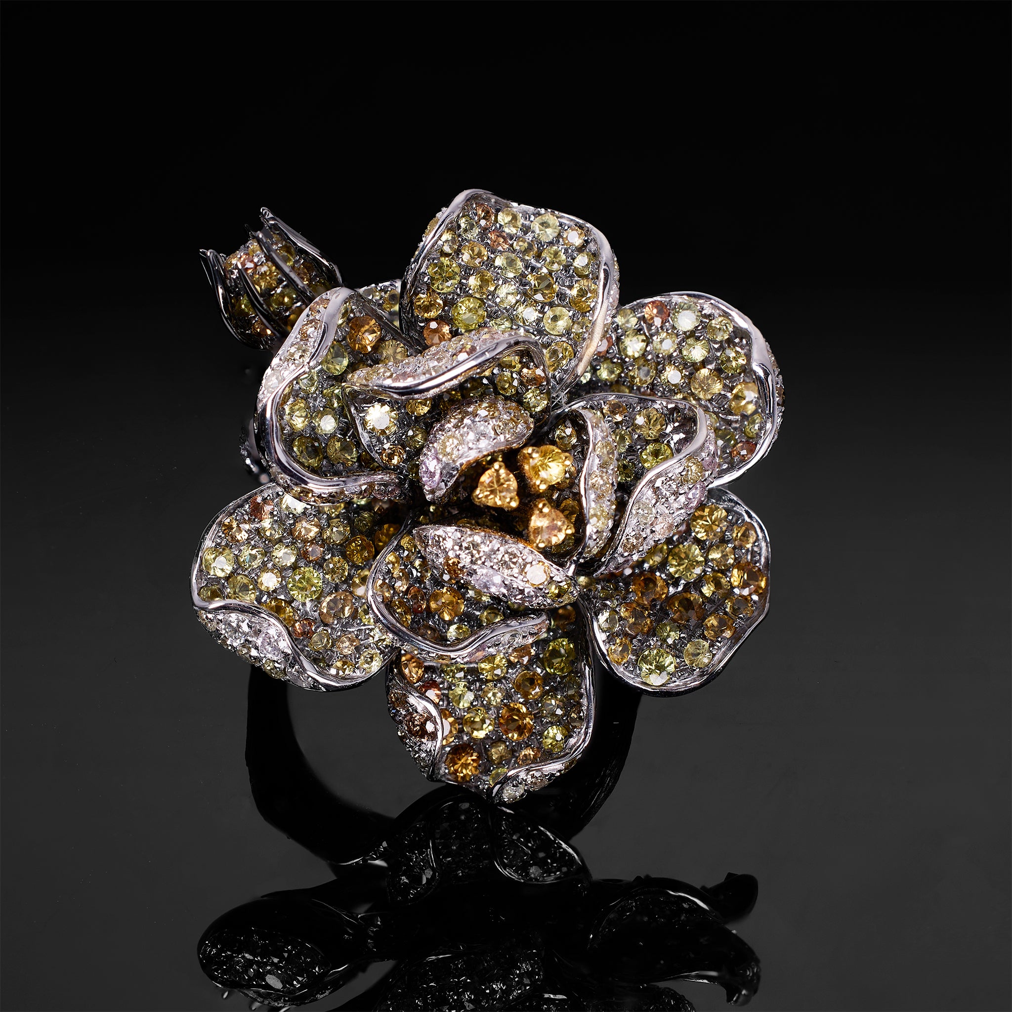 18K Gold Flower Motif Ring with Yellow Sapphires &amp; Color Diamonds - Jewelry And Store