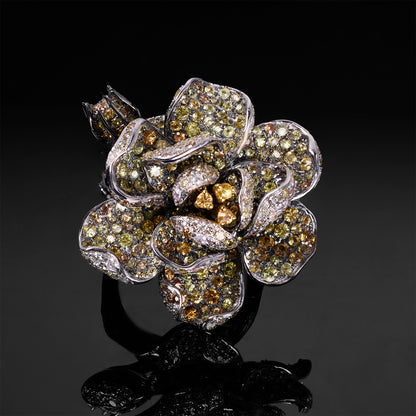 18K Gold Flower Motif Ring with Yellow Sapphires &amp; Color Diamonds - Jewelry And Store