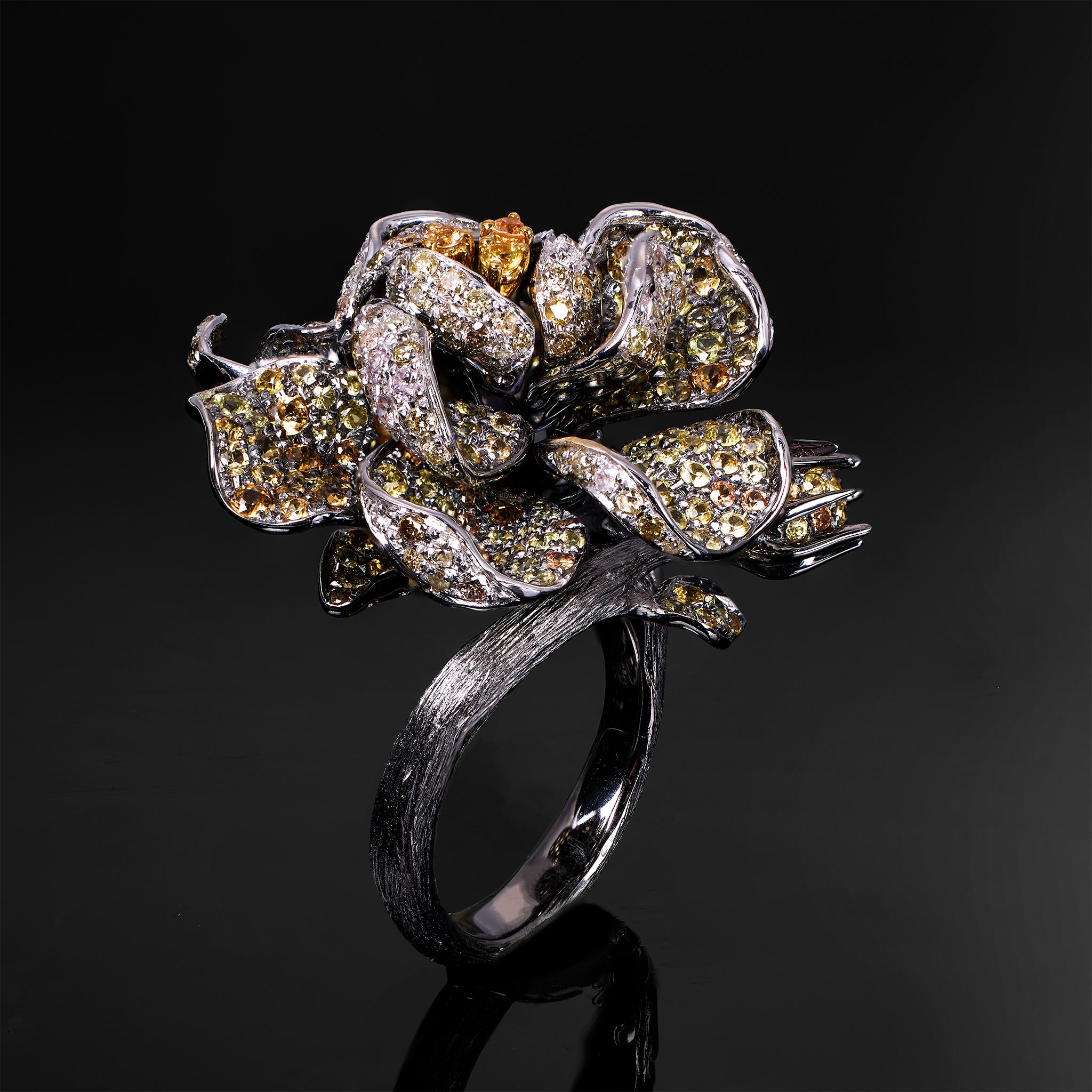 18K Gold Flower Motif Ring with Yellow Sapphires &amp; Color Diamonds - Jewelry And Store
