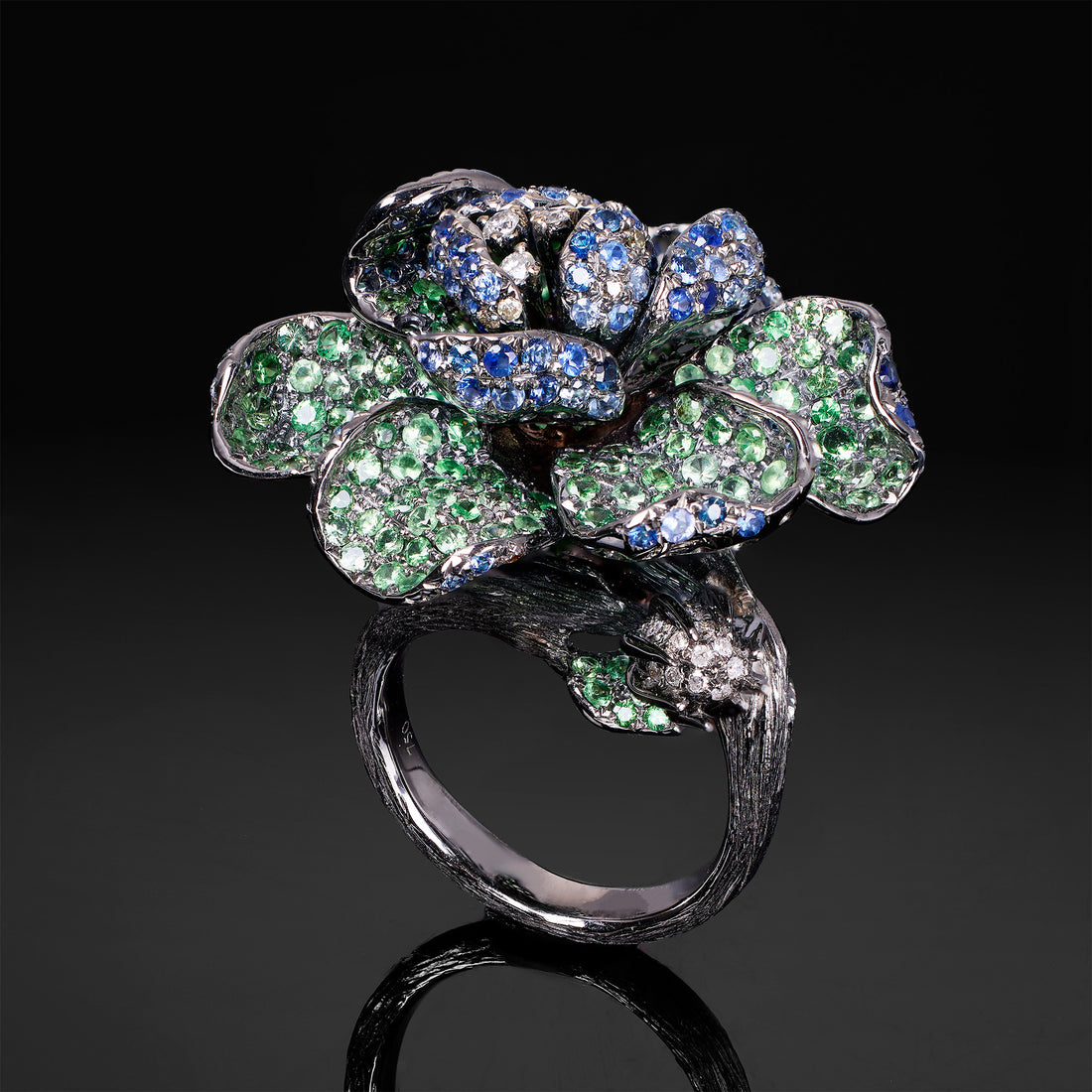 18K Black Gold Flower Ring with Green and Blue Sapphires - Jewelry And Store