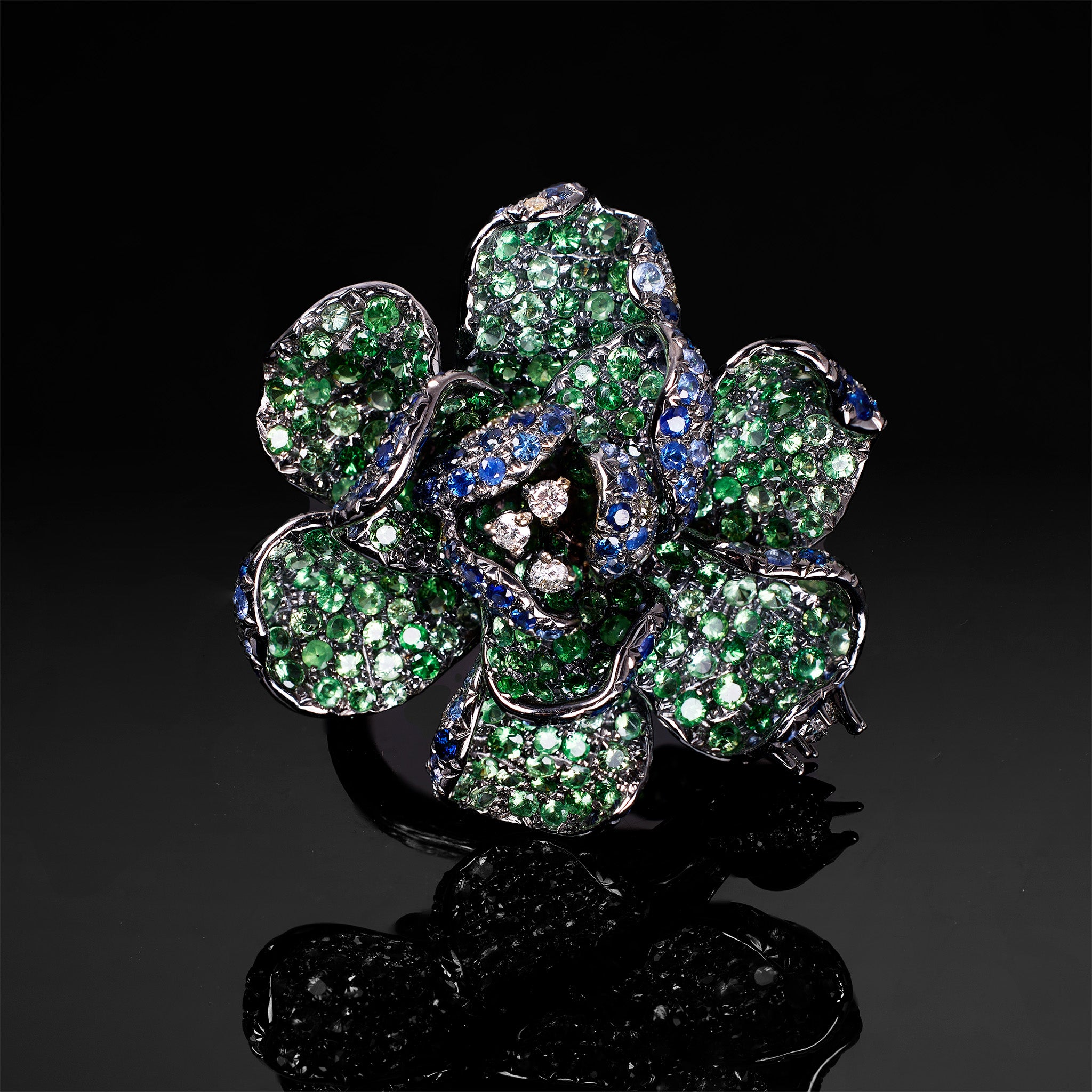 18K Black Gold Flower Ring with Green and Blue Sapphires - Jewelry And Store