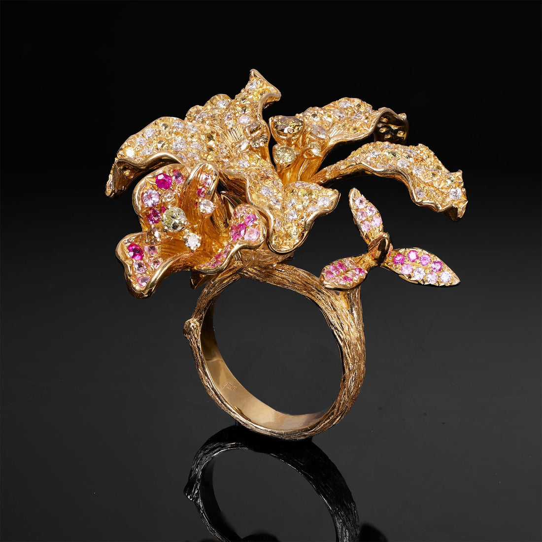 18K Yellow Gold Flower Ring with Natural Sapphires and Color Diamonds - Jewelry And Store