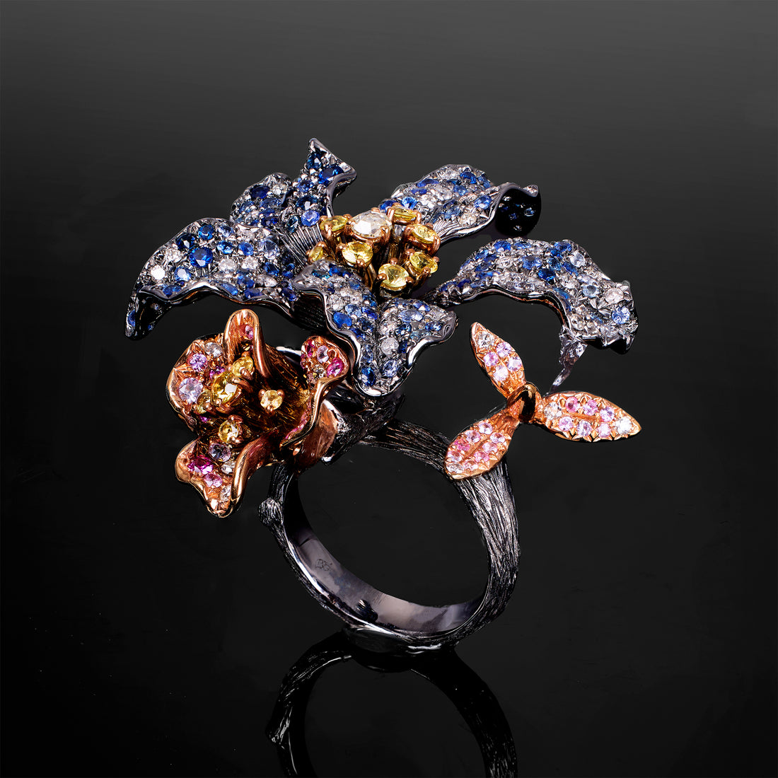 18K Gold Flower Ring with Natural Sapphires and Diamonds - Jewelry And Store