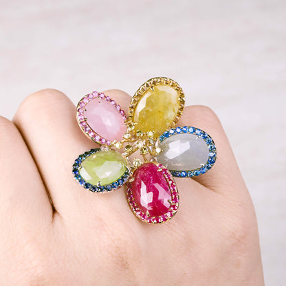 18K Gold Diamond and Slice Sapphire Flower Ring