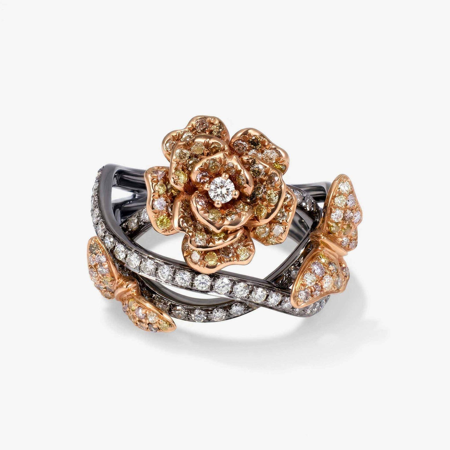 Fancy Colored Diamond Floral Butterfly Ring in 18K Gold - JewelryandStore
