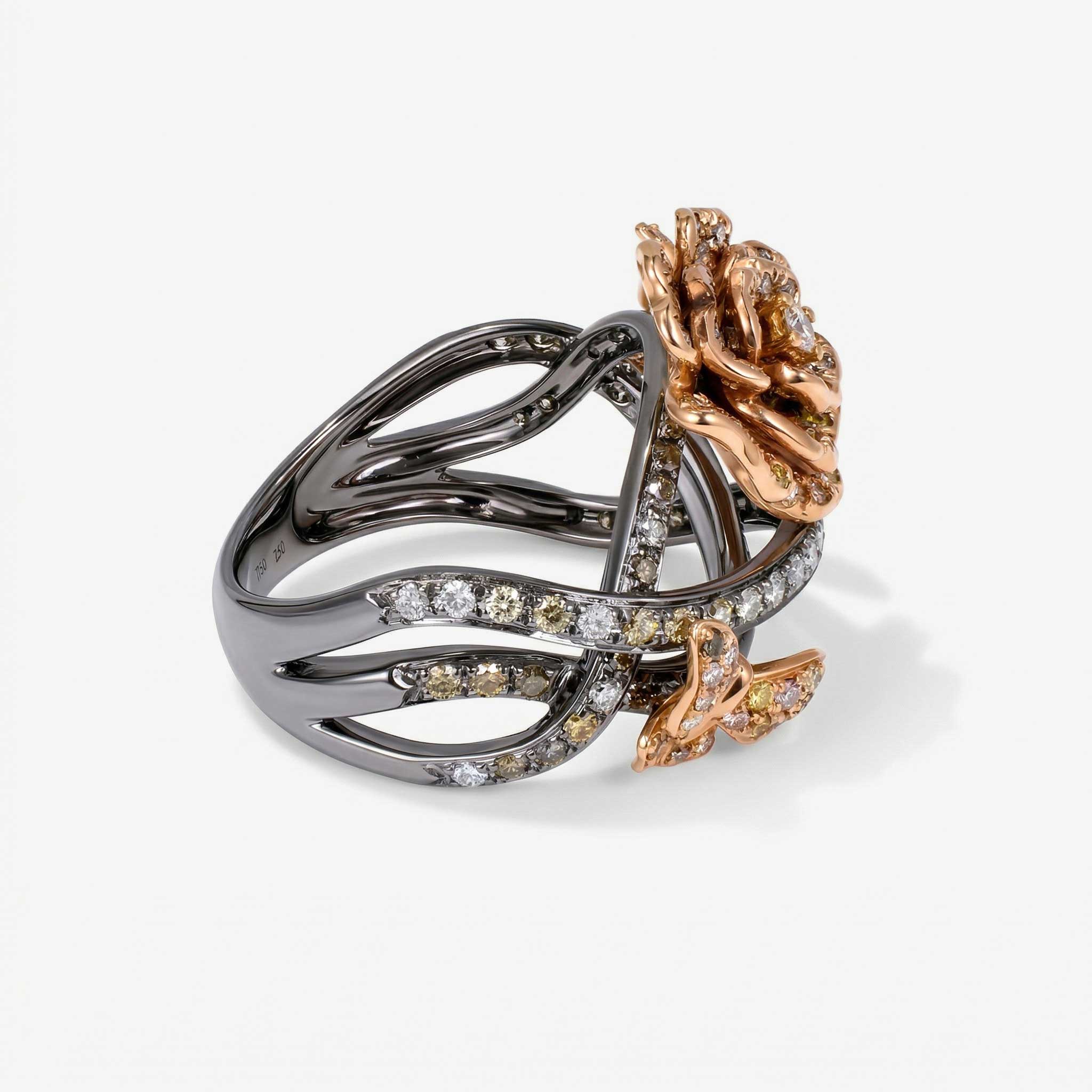 Fancy Colored Diamond Floral Butterfly Ring in 18K Rose Gold and Black Rhodium - JewelryAndStore