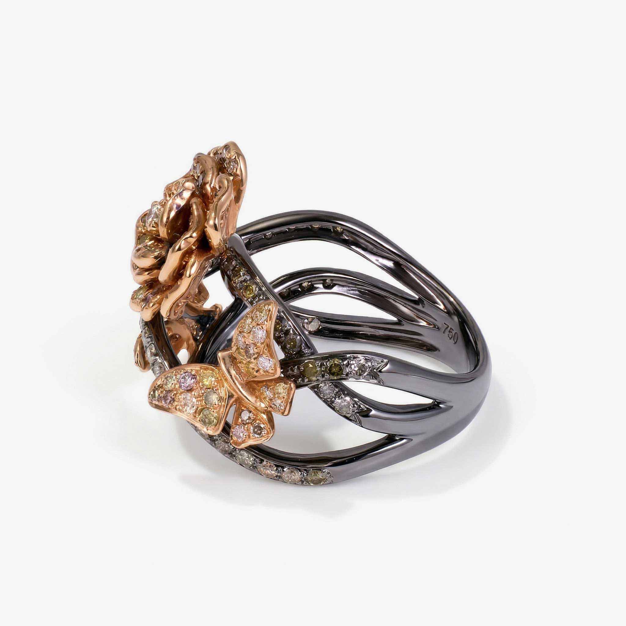 Fancy Colored Diamond Floral Butterfly Ring in 18K Rose Gold and Black Rhodium - JewelryAndStore