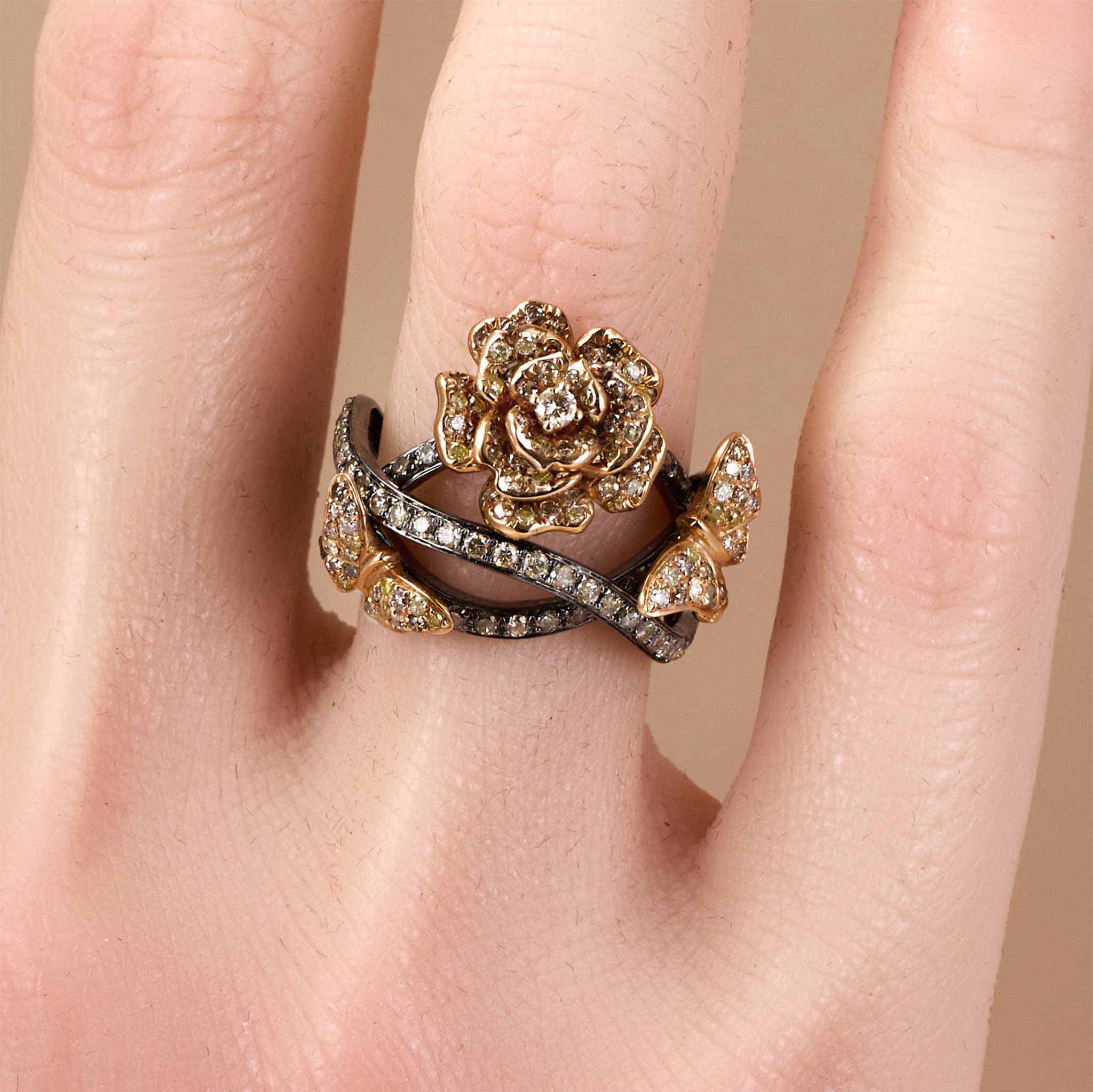 Fancy Colored Diamond Floral Butterfly Ring in 18K Rose Gold and Black Rhodium - JewelryAndStore