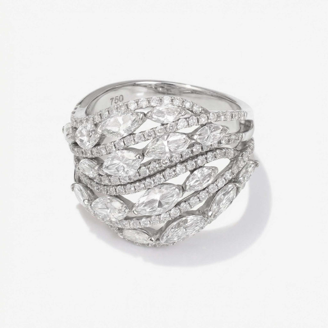 2.86ct Natural Marquise and Round Diamond Multi - Row Leaf Ring in 14K White Gold - JewelryAndStore