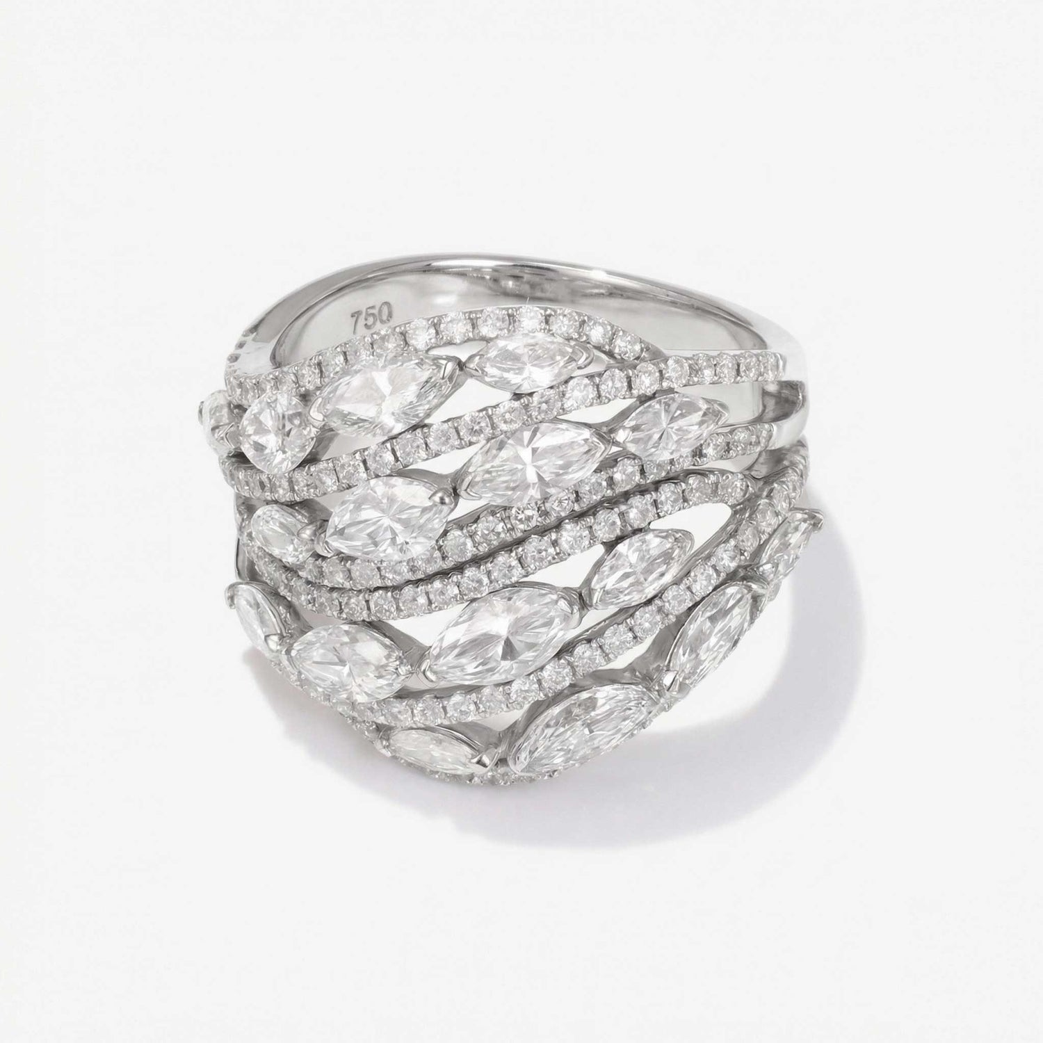 2.86ct Natural Marquise and Round Diamond Multi-Row Leaf Ring in 14K White Gold