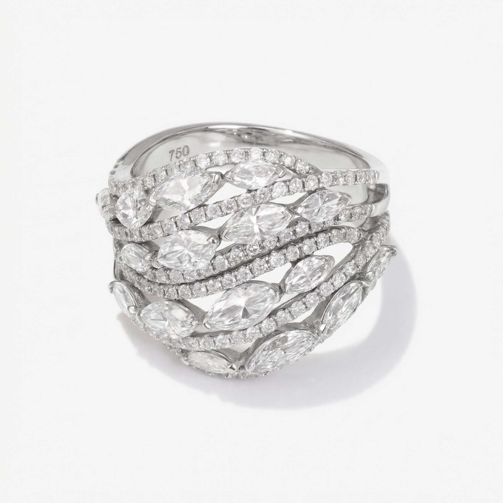 2.86ct Natural Marquise and Round Diamond Multi-Row Leaf Ring in 14K White Gold