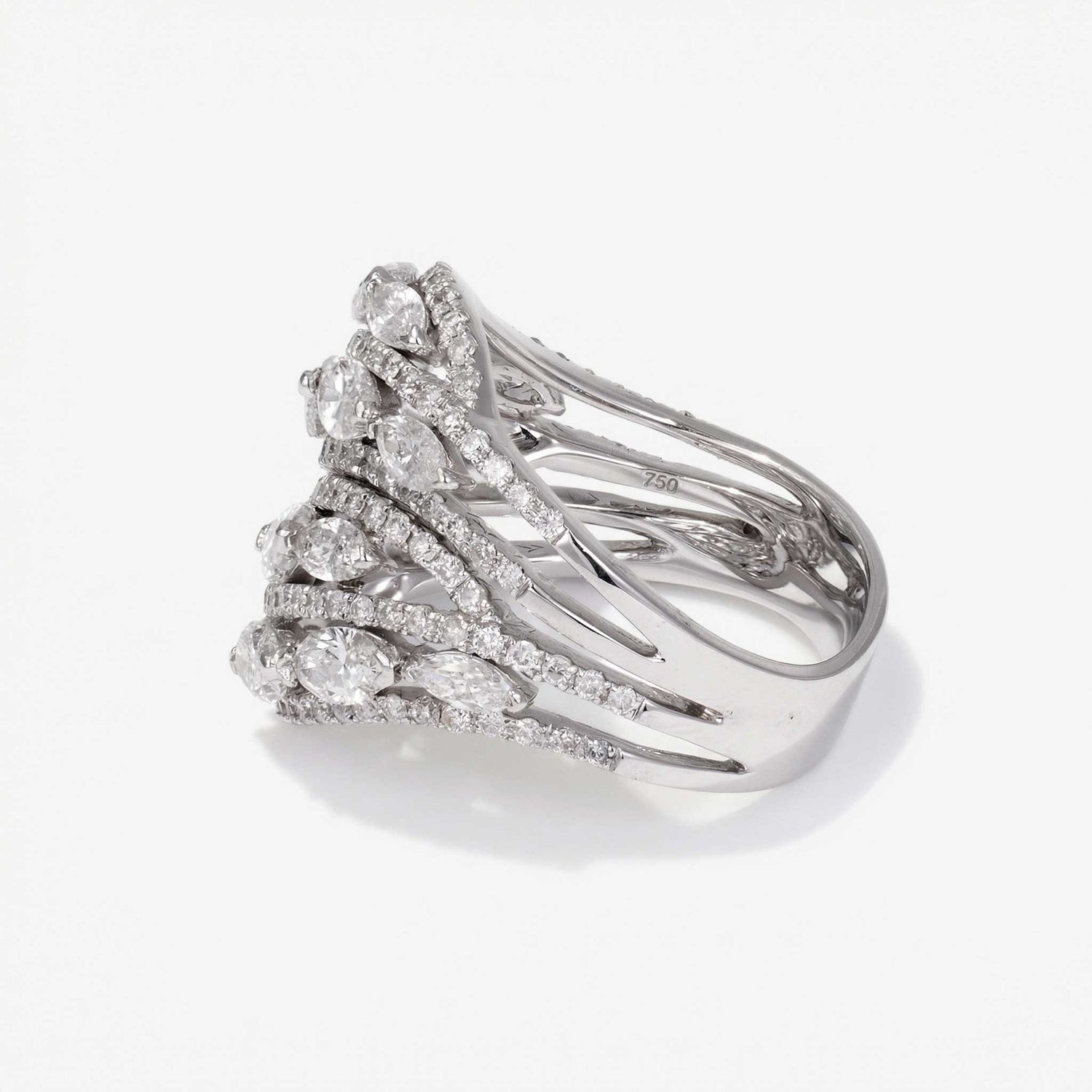 2.86ct Natural Marquise and Round Diamond Multi-Row Leaf Ring in 14K White Gold