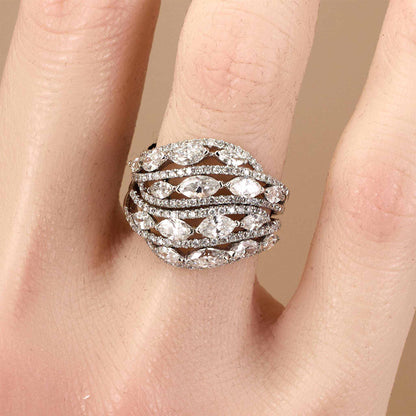 2.86ct Natural Marquise and Round Diamond Multi-Row Leaf Ring in 14K White Gold