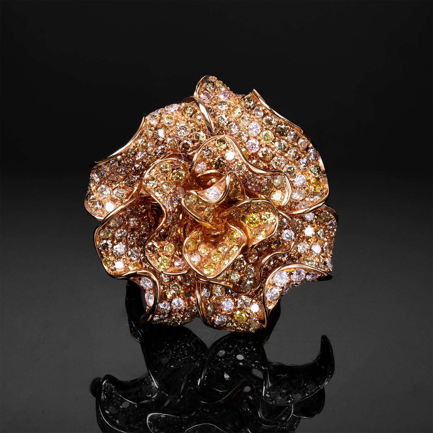 18K Yellow Gold Flower Ring with Natural Color Diamonds