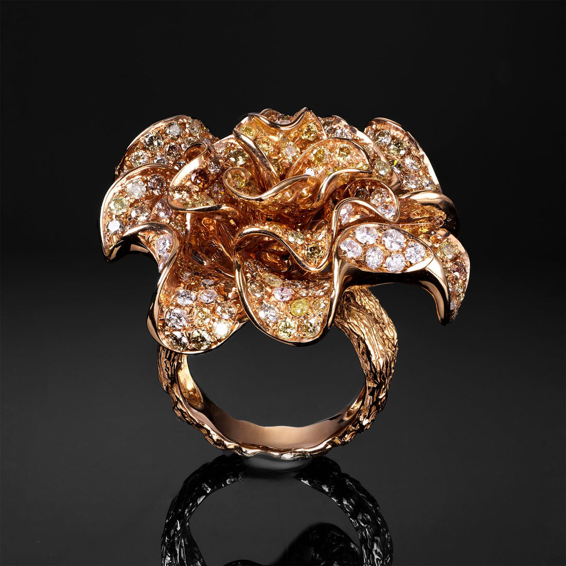 18K Yellow Gold Flower Ring with Natural Color Diamonds - Jewelry And Store