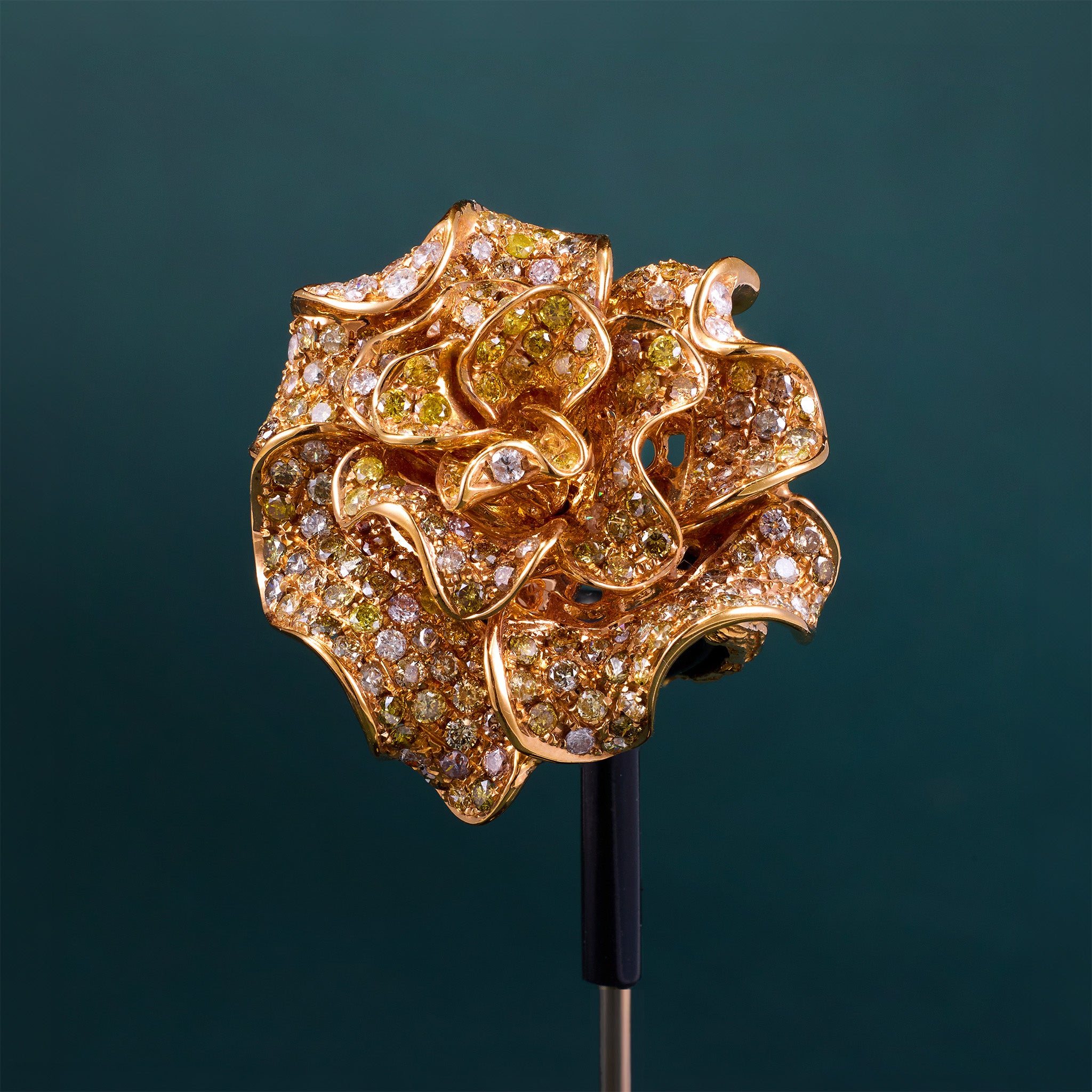 18K Yellow Gold Flower Ring with Natural Color Diamonds - Jewelry And Store