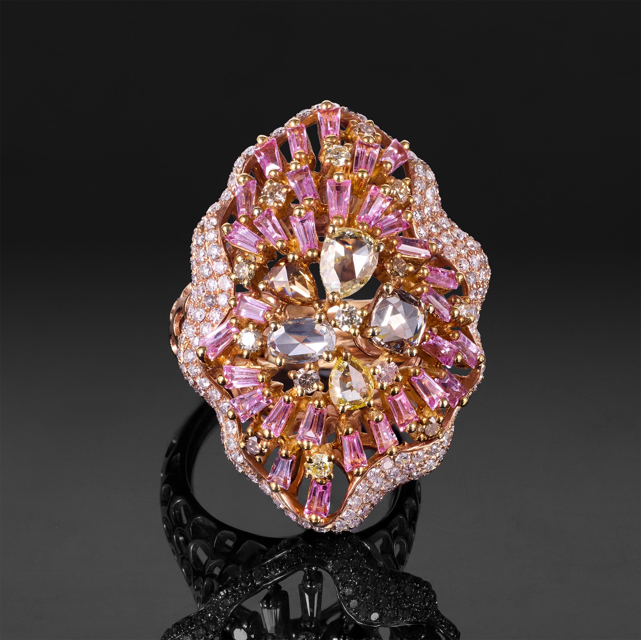 18K Rose Gold Cocktail Ring with Natural Pink Sapphires &amp; Diamonds - Jewelry And Store