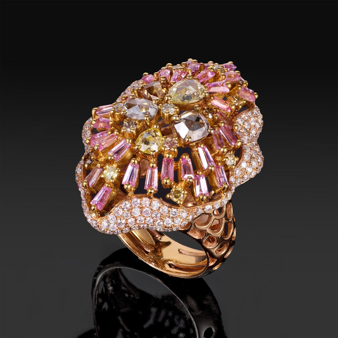 18K Rose Gold Cocktail Ring with Natural Pink Sapphires &amp; Diamonds - Jewelry And Store