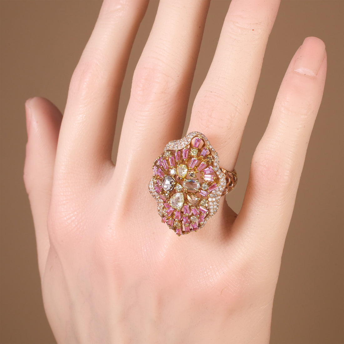 18K Rose Gold Cocktail Ring with Natural Pink Sapphires &amp; Diamonds - Jewelry And Store