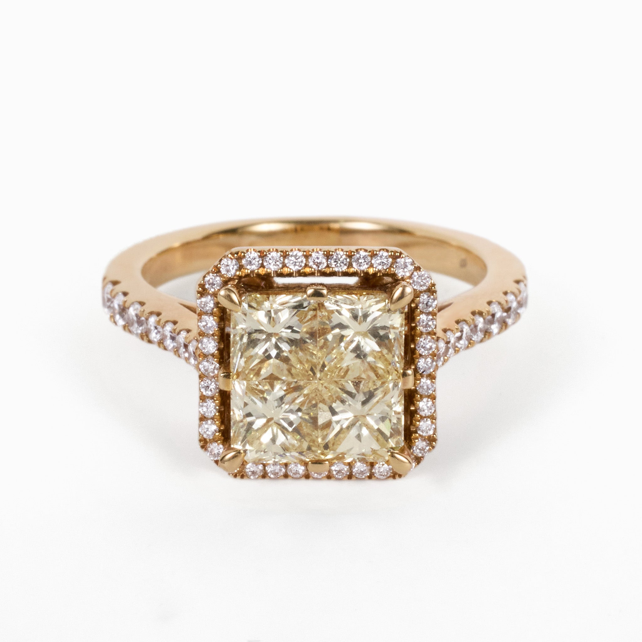 18K Yellow Gold Square Halo Ring with Natural Yellow Diamonds - JewelryAndStore