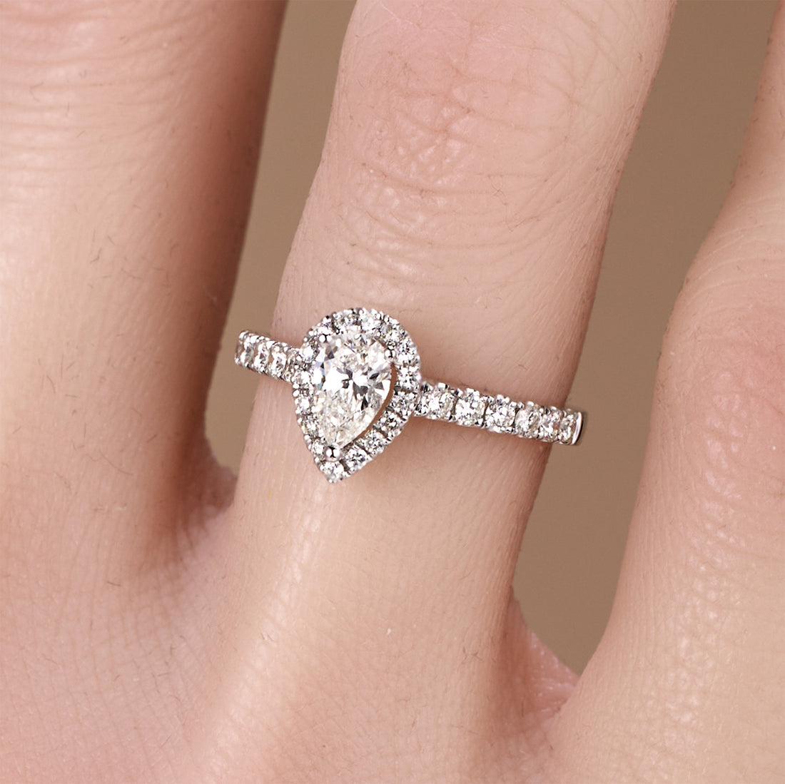 0.93ct.tw. Pear - Shaped Natural Diamond Halo Ring in 18K White Gold - JewelryAndStore