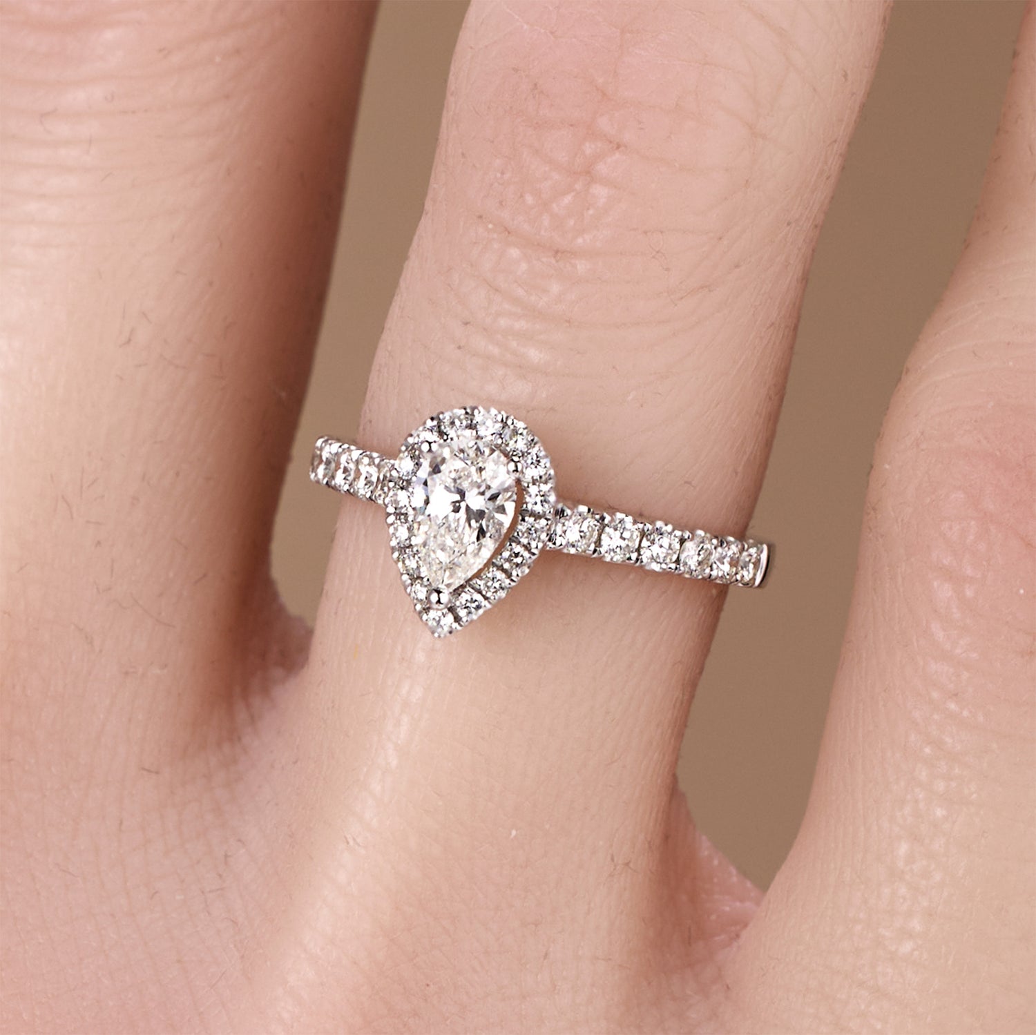 0.93ct.tw. Pear - Shaped Natural Diamond Halo Ring in 18K White Gold - JewelryAndStore