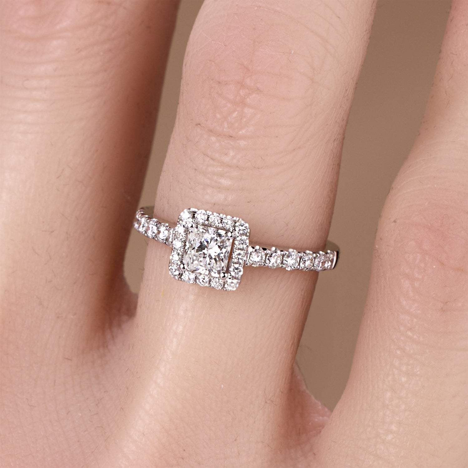 0.89ct.tw. Princess - Cut Diamond Halo Ring in 18K White Gold - JewelryAndStore