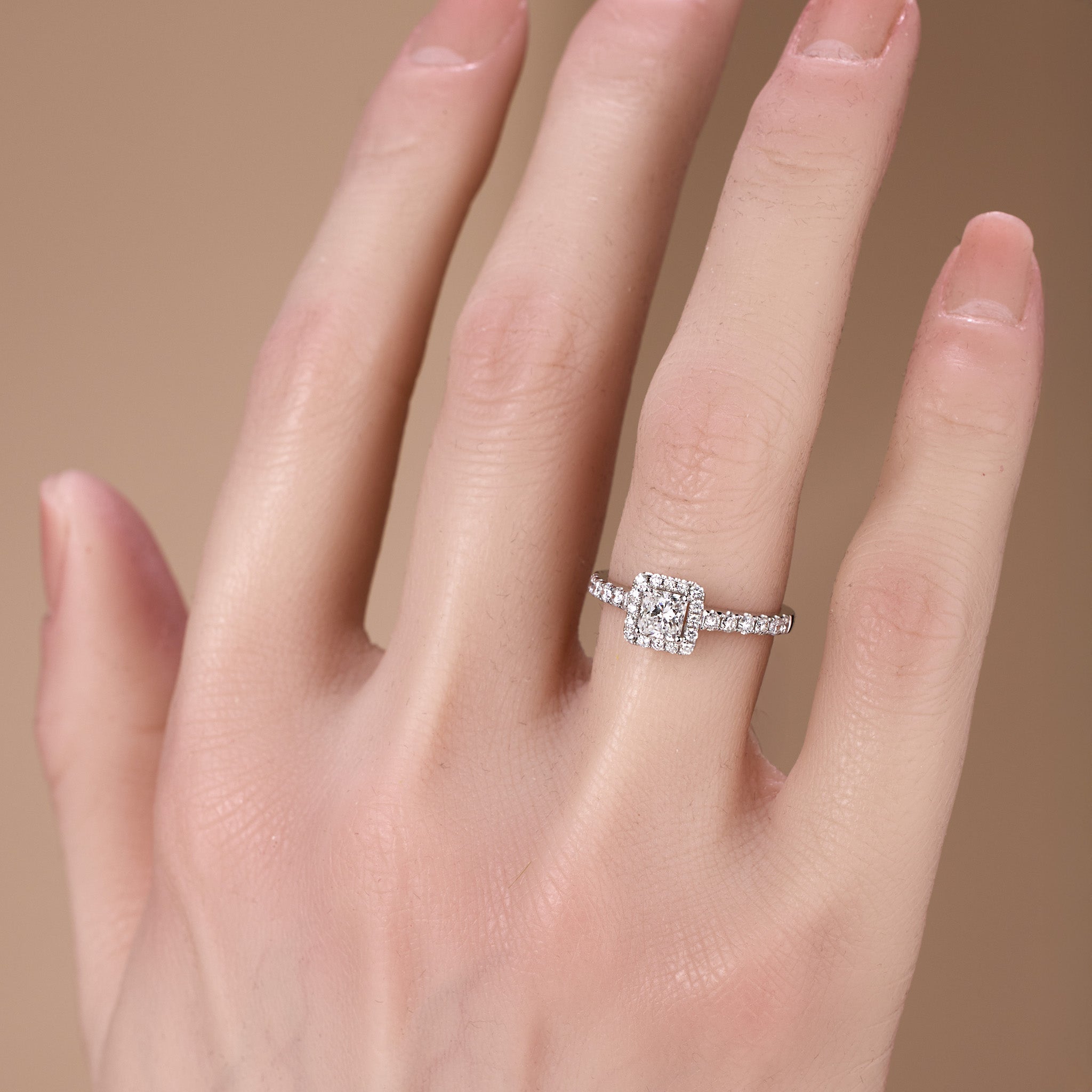 0.89ct.tw. Princess - Cut Diamond Halo Ring in 18K White Gold - JewelryAndStore