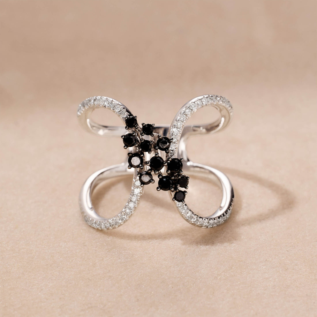 Double-row Statement Ring with White and Black Diamonds
