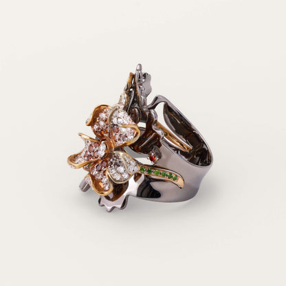18K Black Gold Flower Diamond Ring - Jewelry And Store