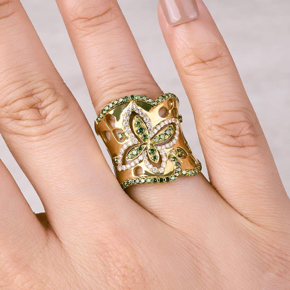 18K Yellow Gold Diamond Clover Ring - Jewelry And Store