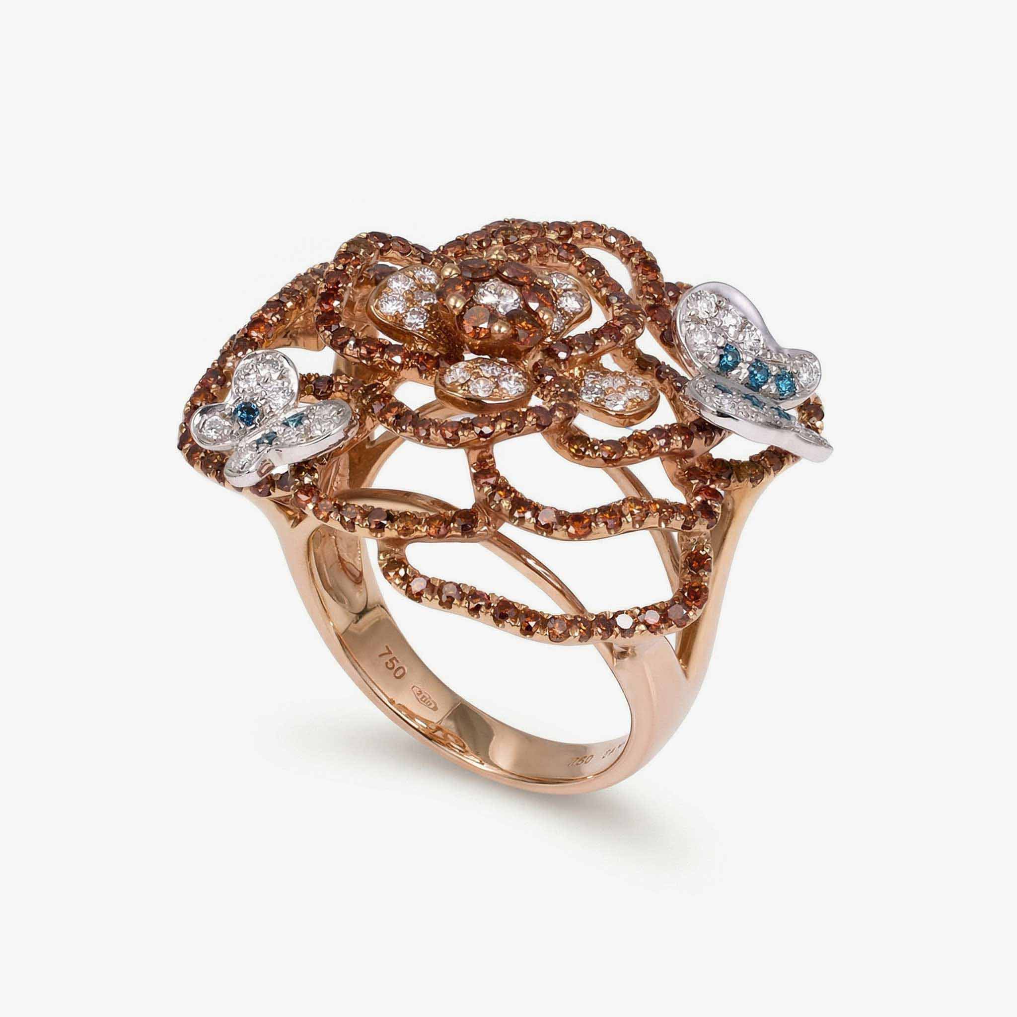 Natural Multi - Color Diamond Openwork Floral Ring in 18K Gold - JewelryAndStore