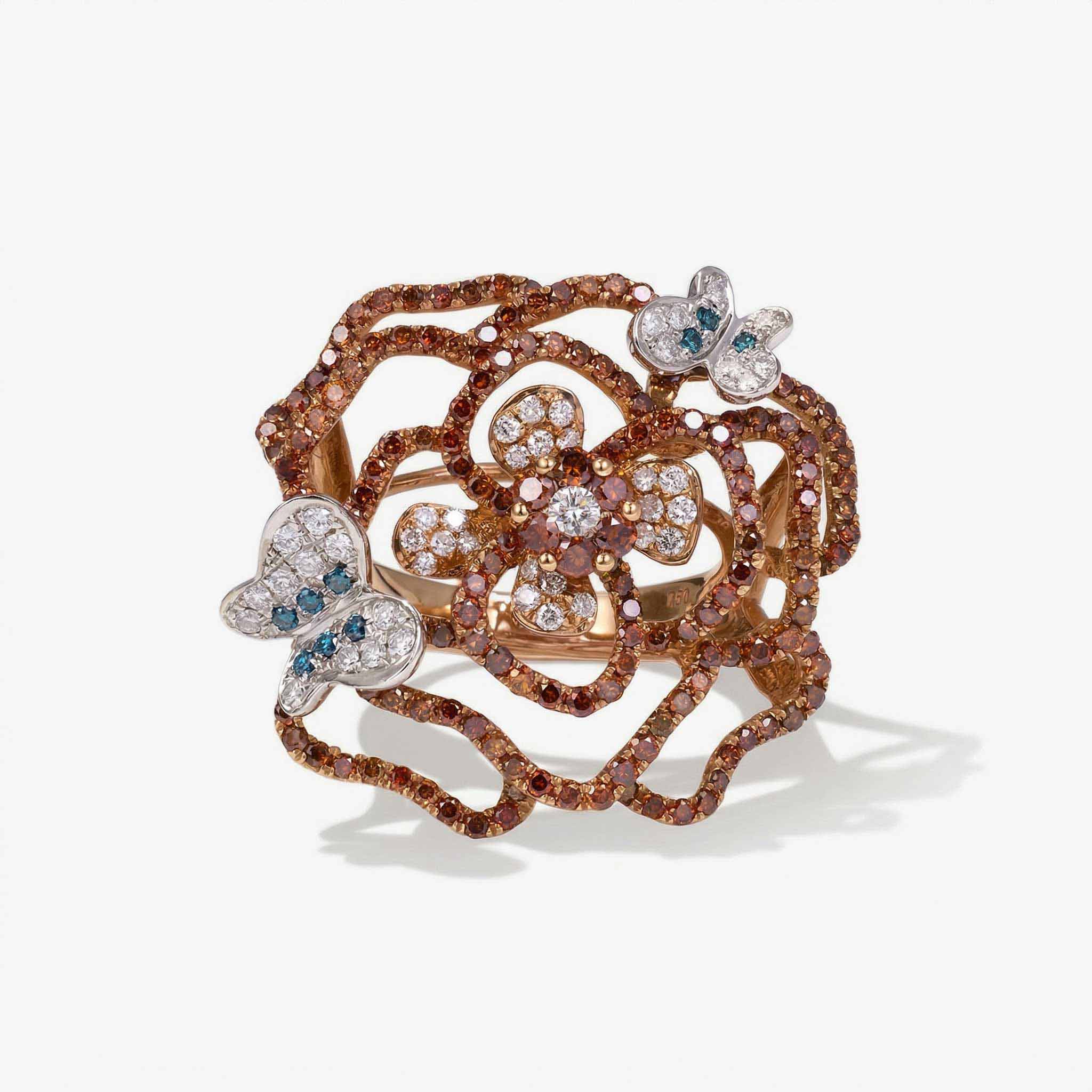 Natural Multi - Color Diamond Openwork Floral Ring in 18K Gold - JewelryAndStore