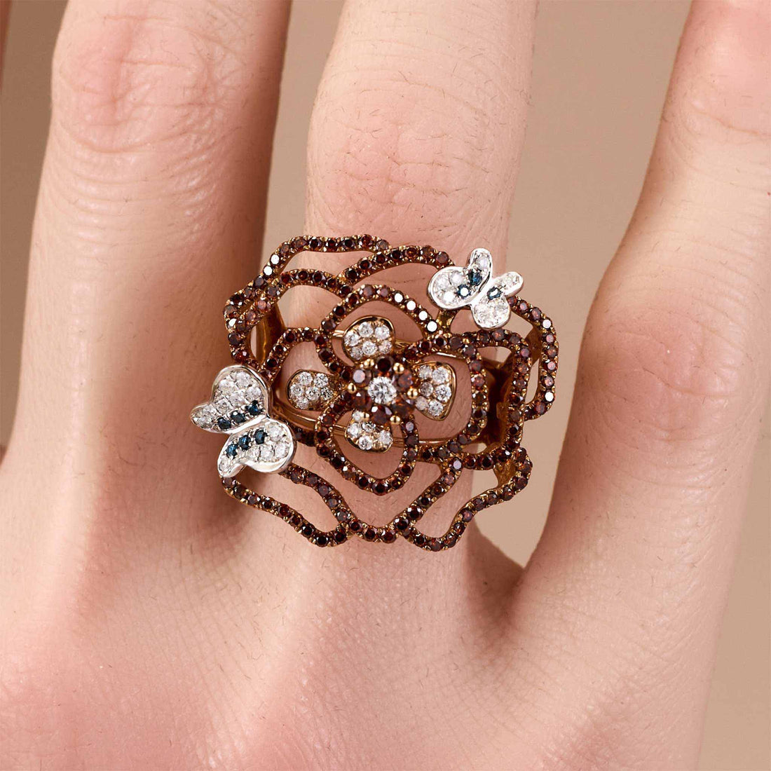Natural Multi - Color Diamond Openwork Floral Ring in 18K Gold - JewelryAndStore