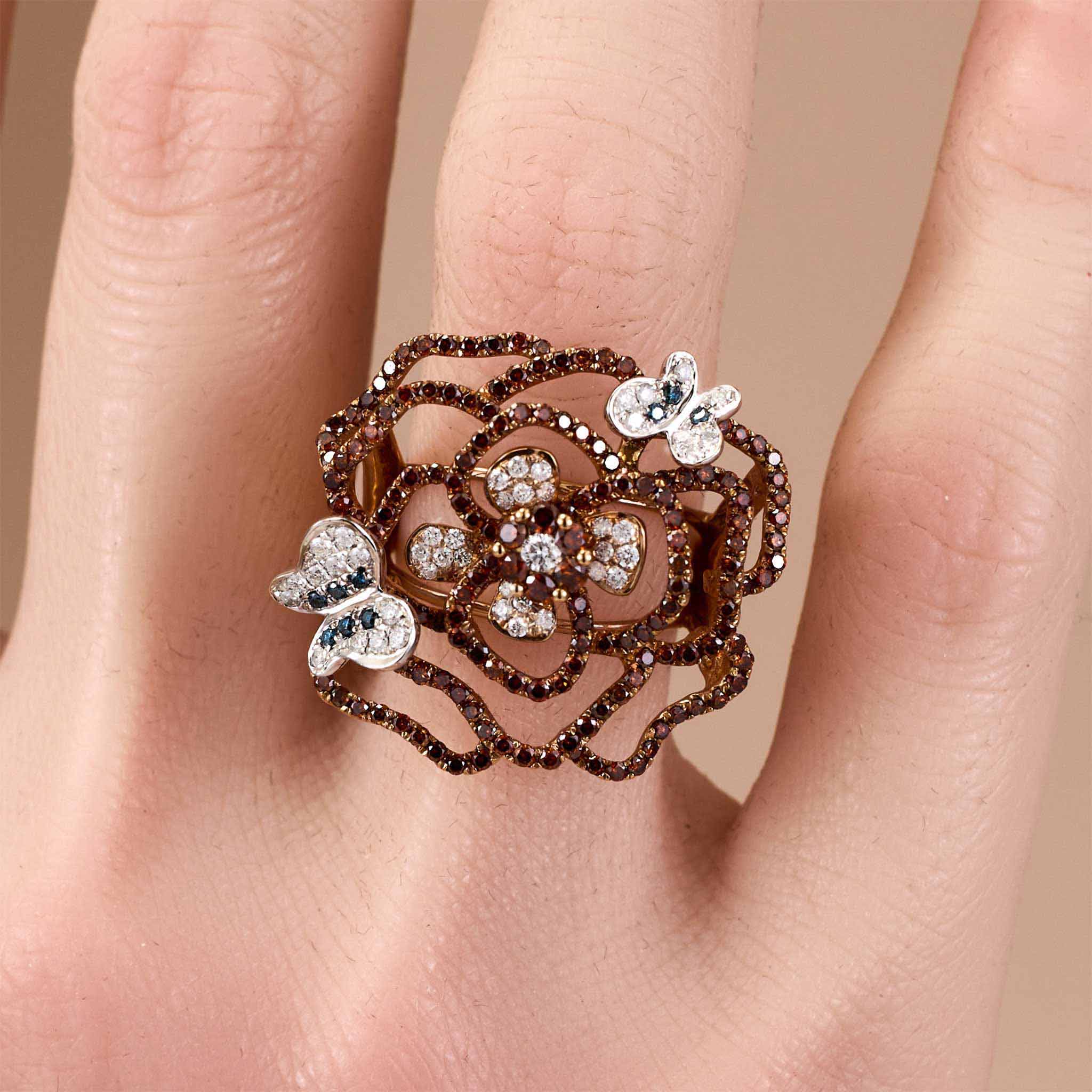 Natural Multi - Color Diamond Openwork Floral Ring in 18K Gold - JewelryAndStore