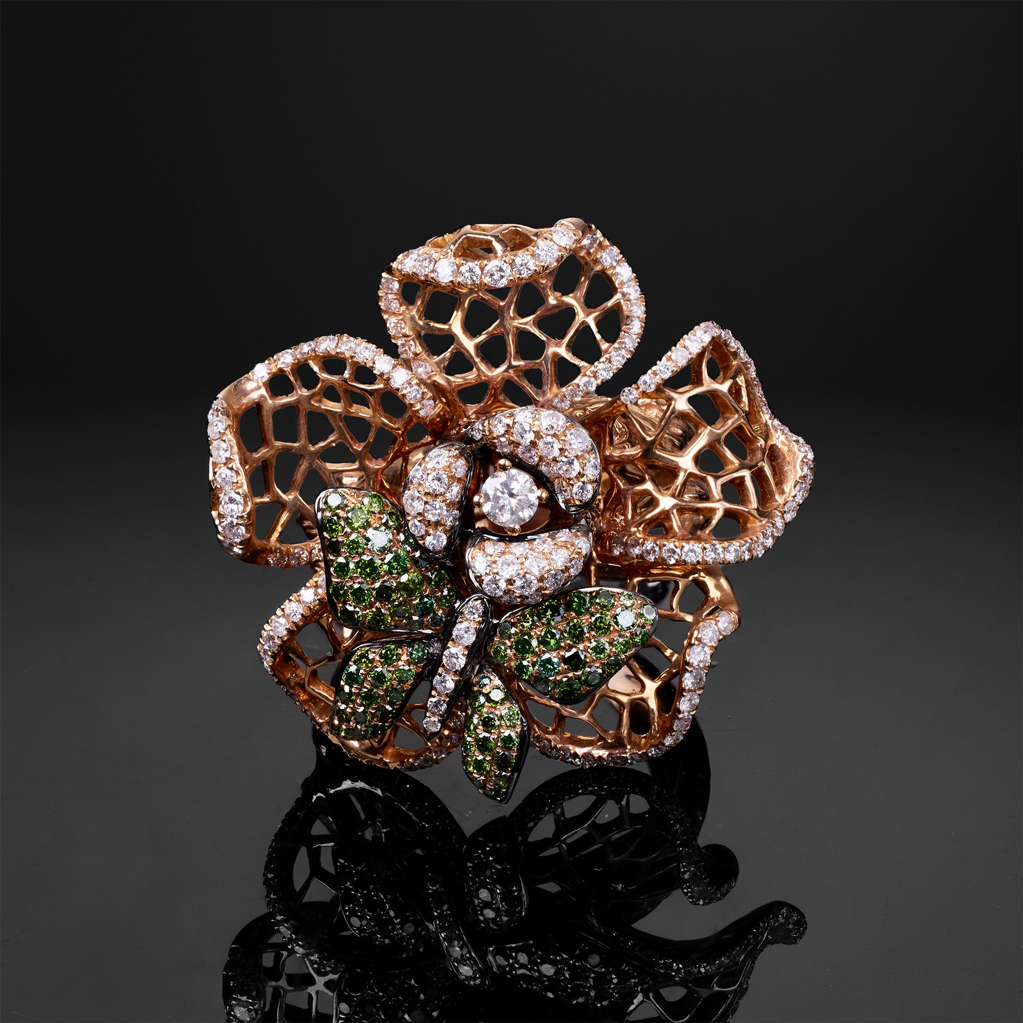18K Gold Flower Ring with Natural Green Diamonds &amp; Color Diamonds