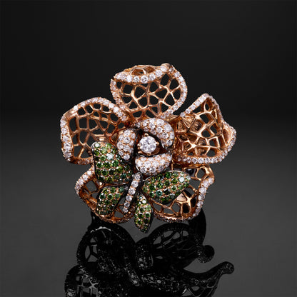 18K Gold Flower Ring with Natural Green Diamonds &amp; Color Diamonds