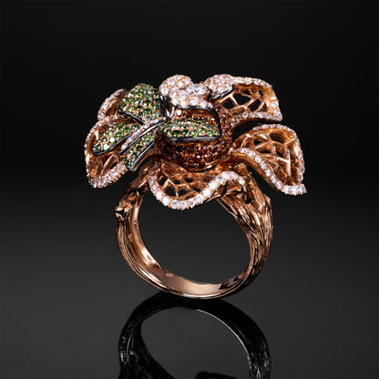 18K Gold Flower Ring with Natural Green Diamonds &amp; Color Diamonds
