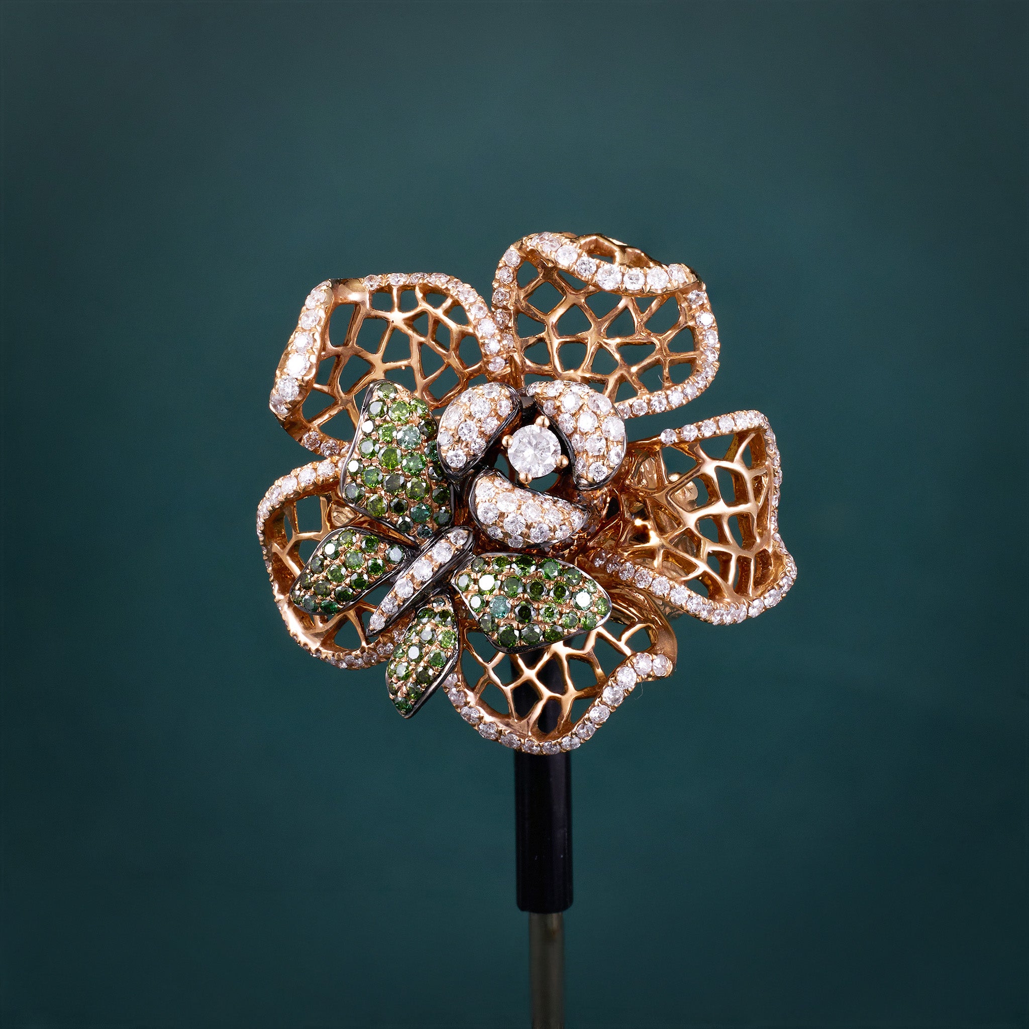18K Gold Flower Ring with Natural Green Diamonds &amp; Color Diamonds