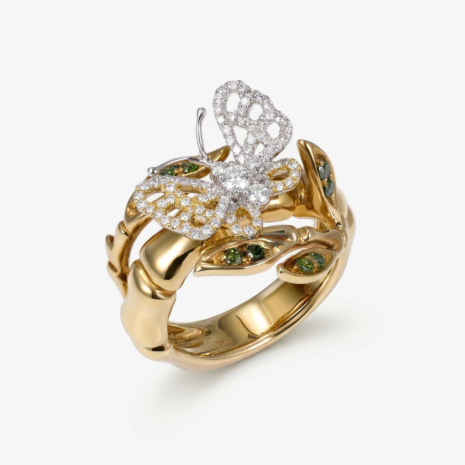 Natural Multi-Color Diamond Bamboo &amp; Butterfly Ring 18K Gold - JewelryandStore