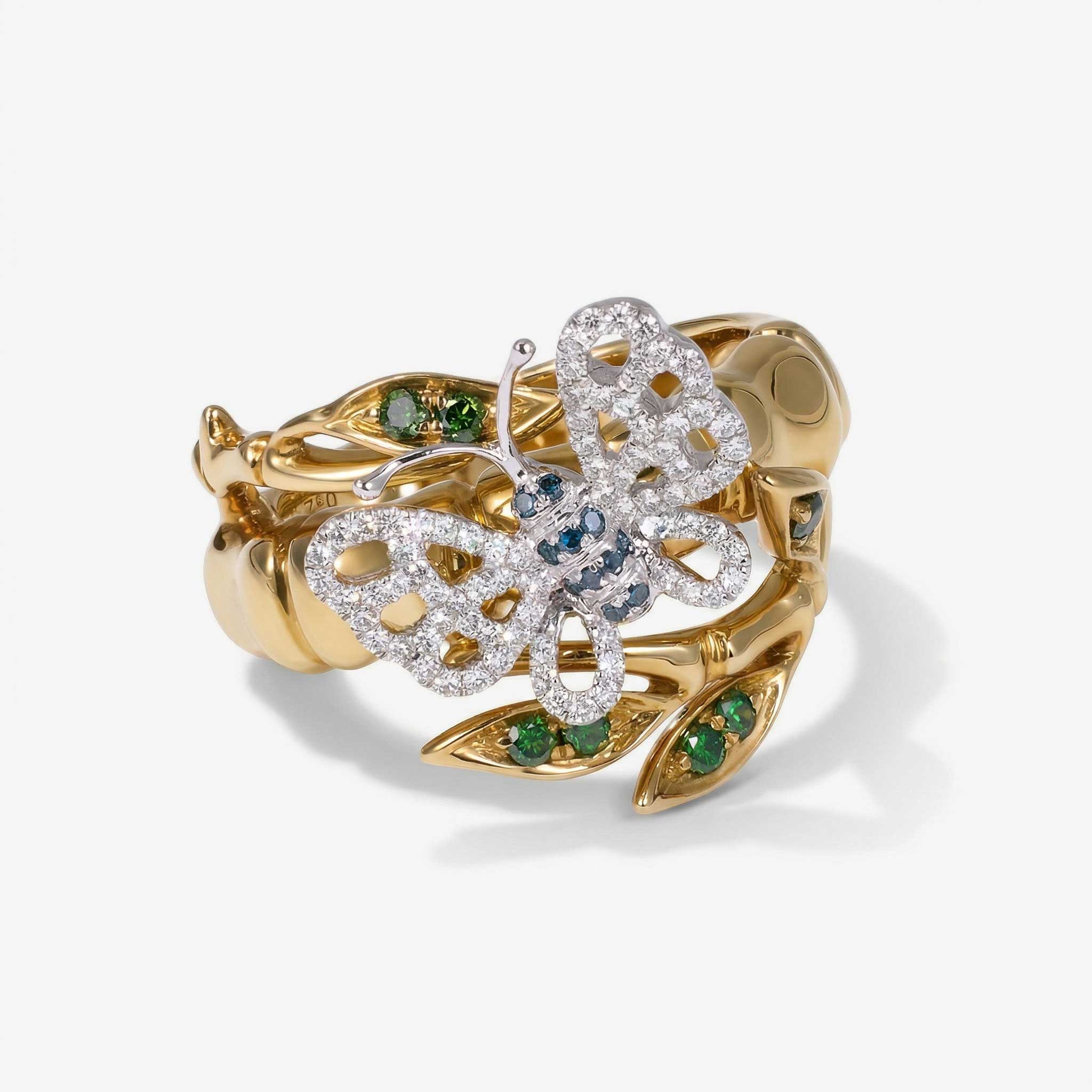 Natural Multi-Color Diamond Bamboo &amp; Butterfly Ring 18K Gold - JewelryandStore