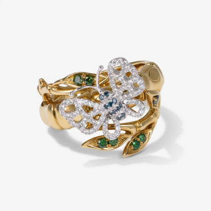 Natural Multi-Color Diamond Bamboo &amp; Butterfly Ring 18K Gold - JewelryandStore