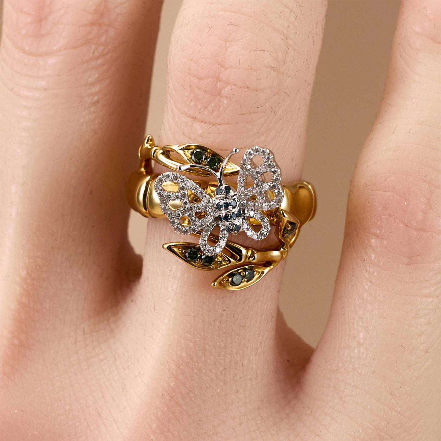 Natural Multi-Color Diamond Bamboo &amp; Butterfly Ring 18K Gold - JewelryandStore