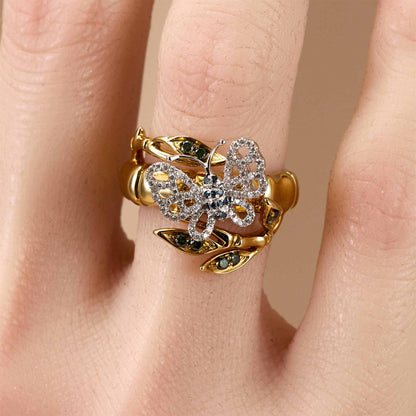 Natural Multi-Color Diamond Bamboo &amp; Butterfly Ring 18K Gold - JewelryandStore