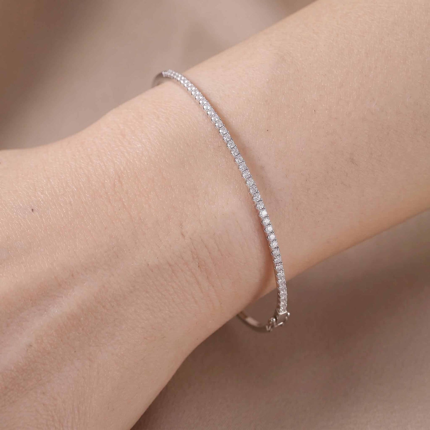 Minimalist Single Row Diamond Tennis Bangle in 18K White Gold - JewelryAndStore