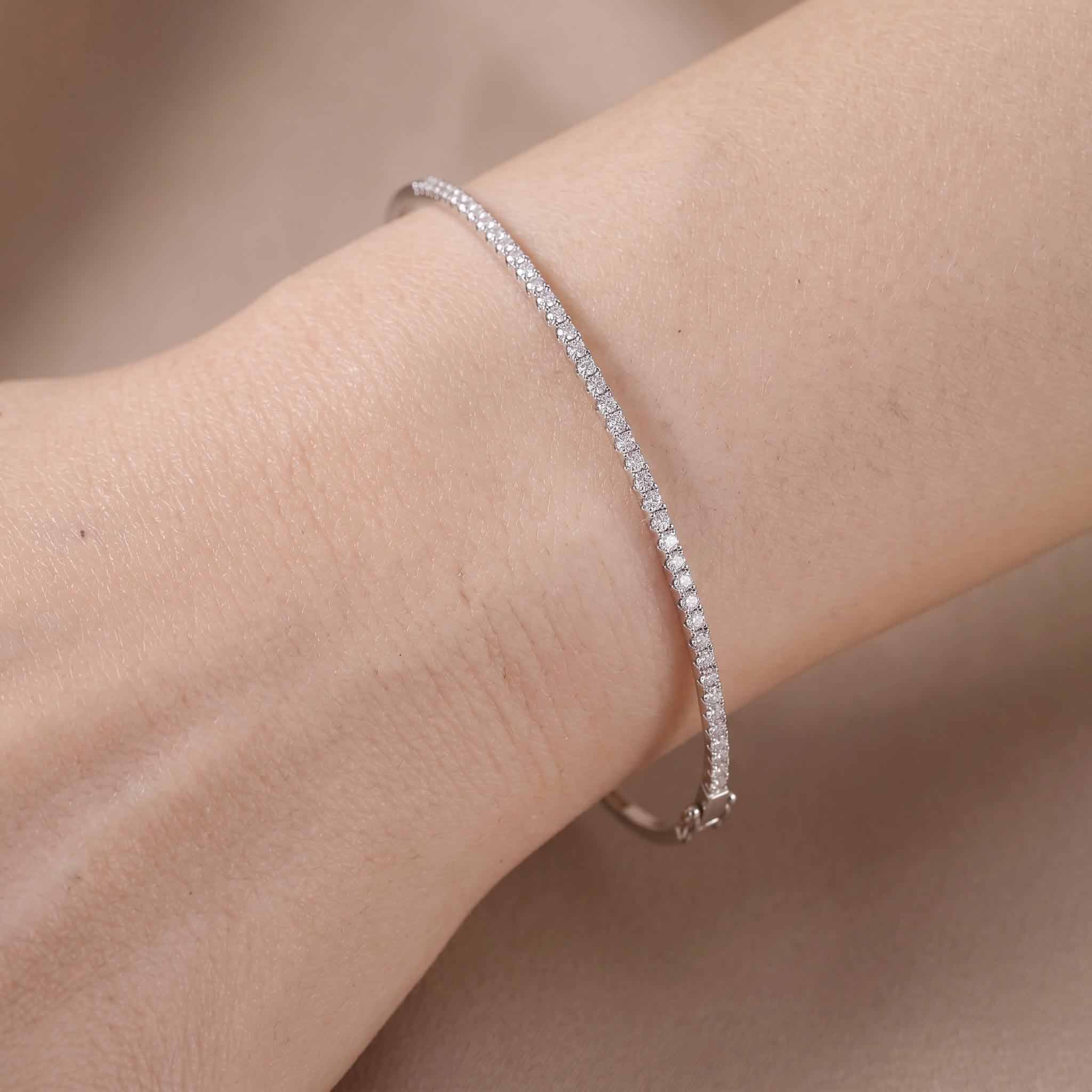 Minimalist Single Row Diamond Tennis Bangle in 18K White Gold - JewelryAndStore