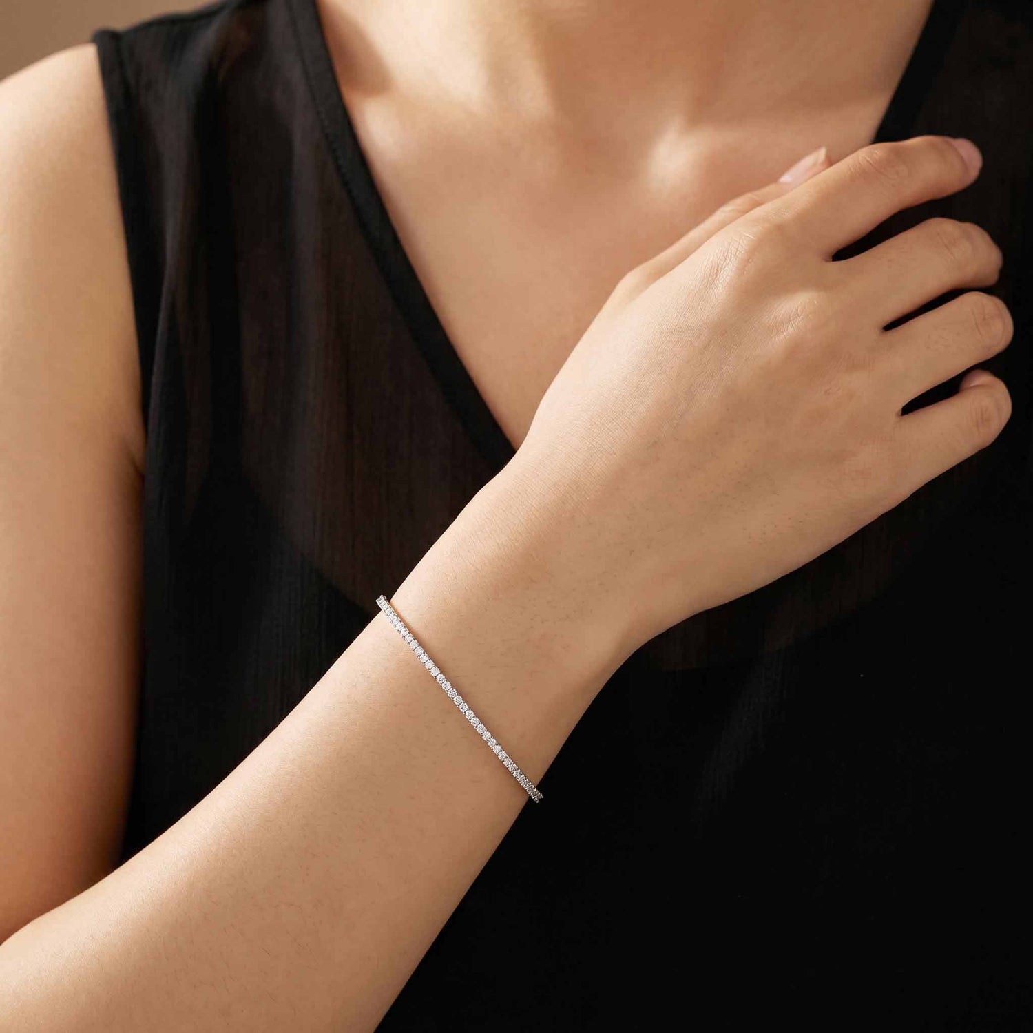 Minimalist Single Row Diamond Tennis Bangle in 18K White Gold - JewelryAndStore