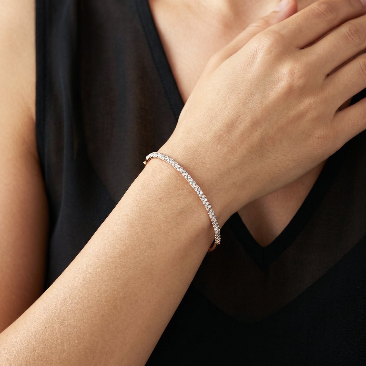 1.93ct Natural Triple Row Diamond Tennis Bangle in 18K Rose Gold - JewelryAndStore
