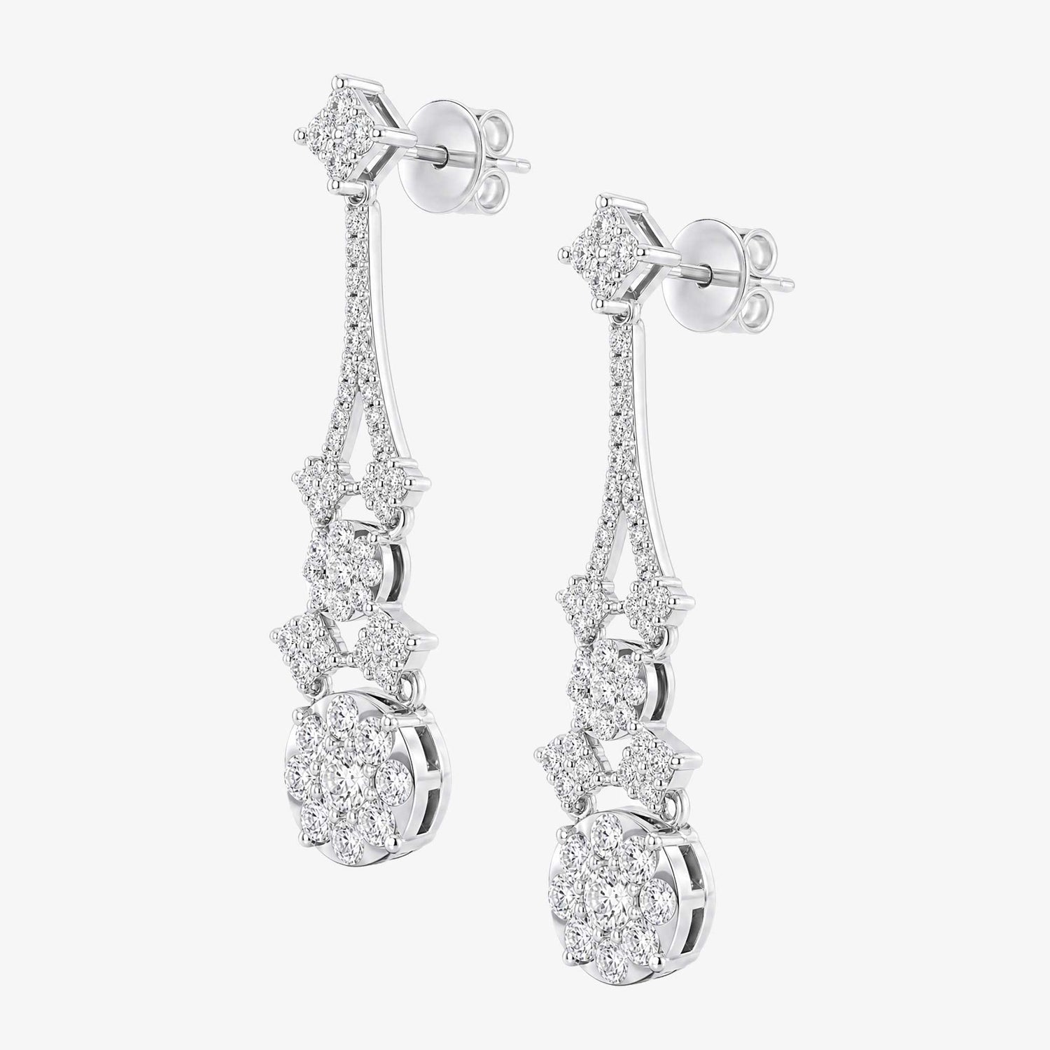 2.02ctw Natural Diamond Floral Cluster Cascading Drop Earrings in 18K White Gold - JewelryandStore